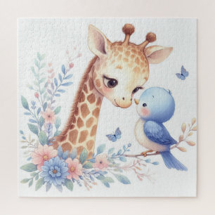 Puzzle Livre D'Histoire Bois Bébés Giraffe Et Oiseau Bleu