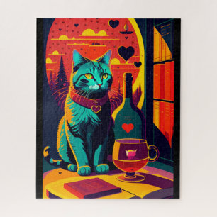 Puzzle Livres Chat Sunset Et Vin