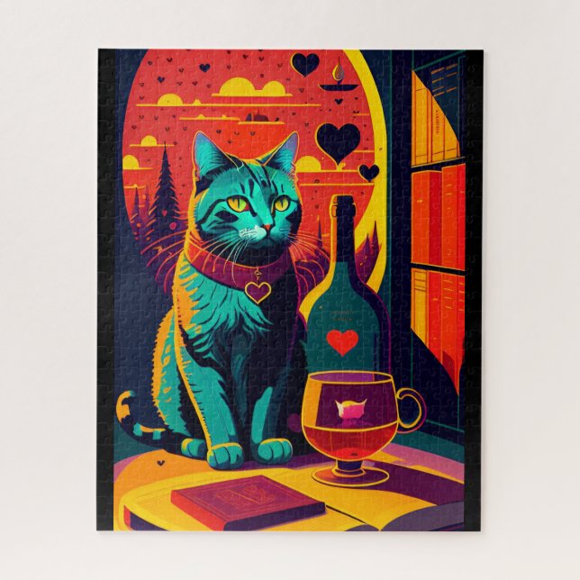 Puzzle Livres Chat Sunset Et Vin (Vertical)
