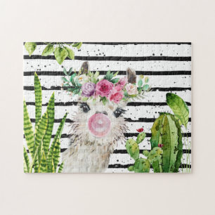 Puzzle Llama Aquarelle Cute   Cactus et rayures florales