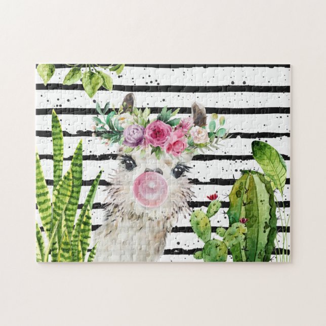 Puzzle Llama Aquarelle Cute | Cactus et rayures florales (Horizontal)