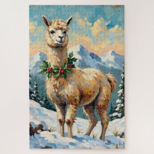Puzzle Llama vintage dans un pré de Noël enneigé