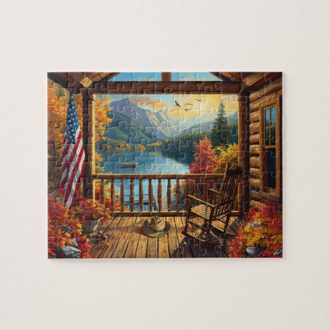 Puzzle Log Cabin Porch Autumn Mountain Lake View (Horizontal)