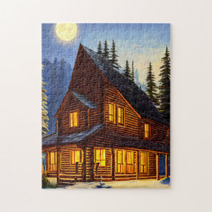 Puzzle Log Cabine Dans Les Bois Paysage Neige Art
