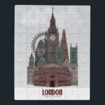 Puzzle Londres en nuages rouge et vert<br><div class="desc">Londres dans Nuages Rouge et Vert par Fab Funky.  Il présente des sites célèbres de Londres dans un décor de couleur rouge foncé et verte.</div>