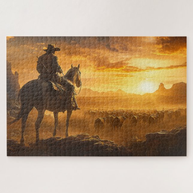 Puzzle Lone Cowboy au coucher du soleil (Horizontal)