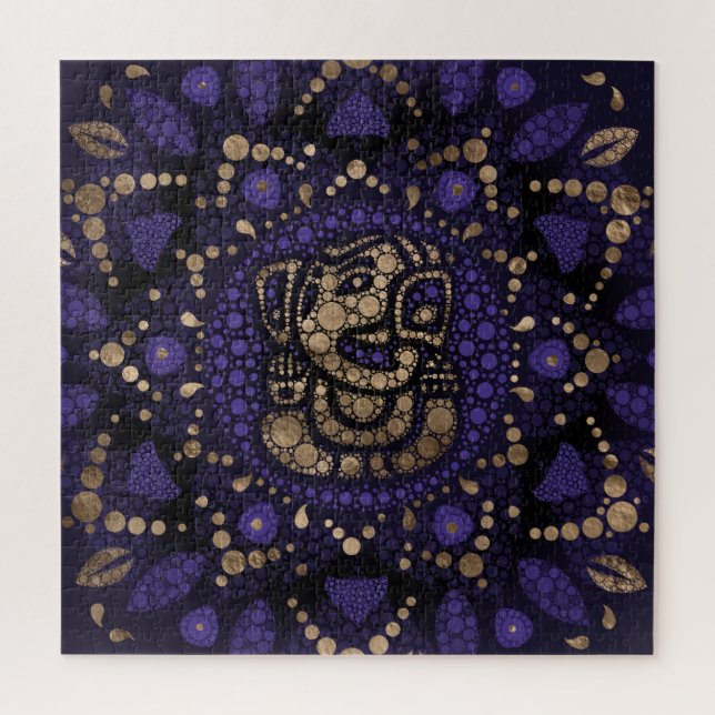 Puzzle Lord Ganesha Dot Art Purple et Or (Vertical)