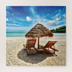 Puzzle Lounge on beach throw pillow