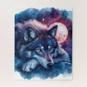 Puzzle Loup au repos sous la Lune Cosmique