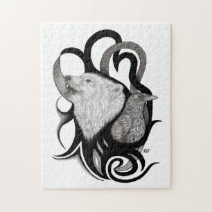 Puzzle Loup blanc avec art tribal coréen
