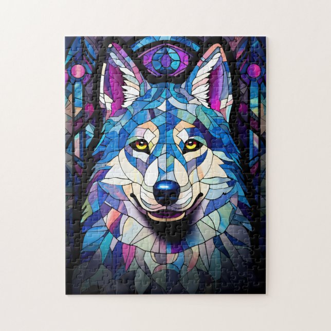 Puzzle Loup blanc, bleu et violet en verre tendu. (Vertical)