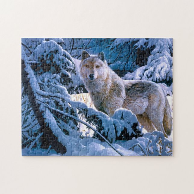 Puzzle Loup dans la peinture de la forêt d'hiver (Horizontal)