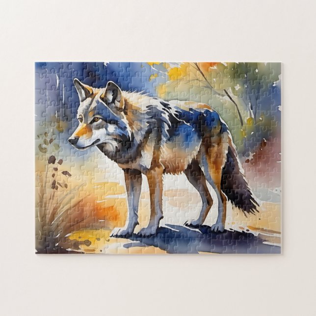 Puzzle Loup dans une aquarelle de forêt (Horizontal)