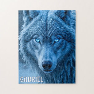 Puzzle Loup des neiges personnalisé aux yeux bleus lumine
