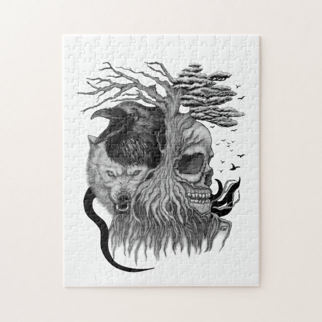 Puzzle Loup et corbeau avec crâne (Vertical)
