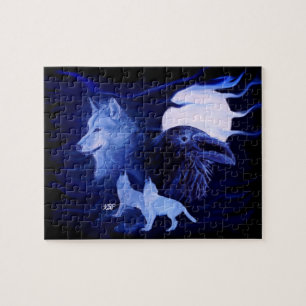 Puzzle Loup et corbeau avec pleine lune
