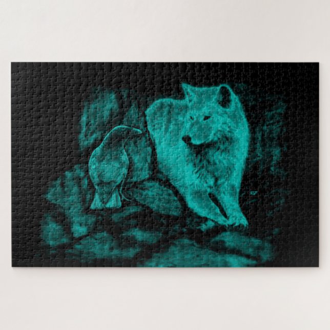 Puzzle Loup et corbeau dans la nuit (Horizontal)