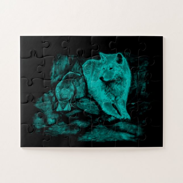 Puzzle Loup et corbeau dans la nuit (Horizontal)