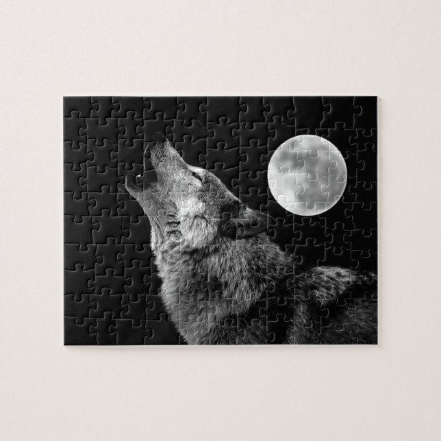 Puzzle Loup gris solitaire et pleine lune (Horizontal)
