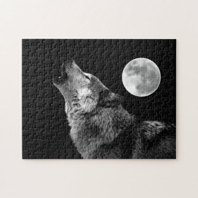 Puzzle Loup gris solitaire et pleine lune (Horizontal)
