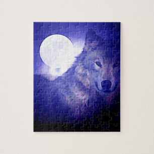 Puzzle Loup, Lune et Nuit Bleue