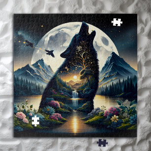 Puzzle Loup mystique hurler à la lune Surreal Ai Art