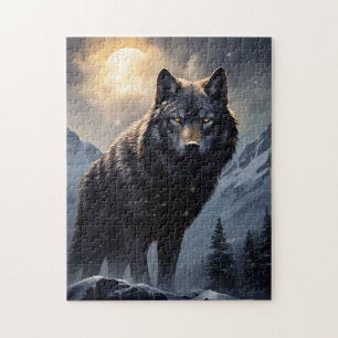 Puzzle Loup noir dans les montagnes de neige