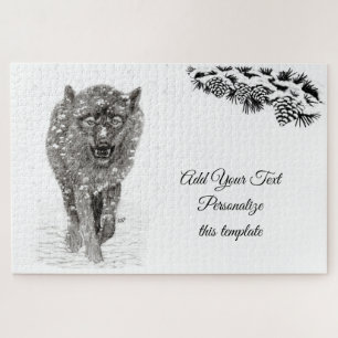 Puzzle Loup noir en colère dans la neige, hiver sauvage