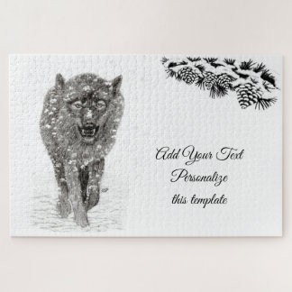 Puzzle Loup noir en colère dans la neige, hiver sauvage