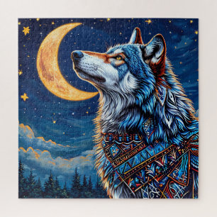 Puzzle Loup sous le croissant de lune la nuit