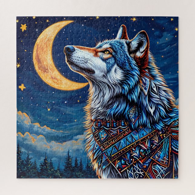 Puzzle Loup sous le croissant de lune la nuit (Vertical)