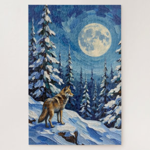 Puzzle Loup vintage dans une forêt hivernale au clair de