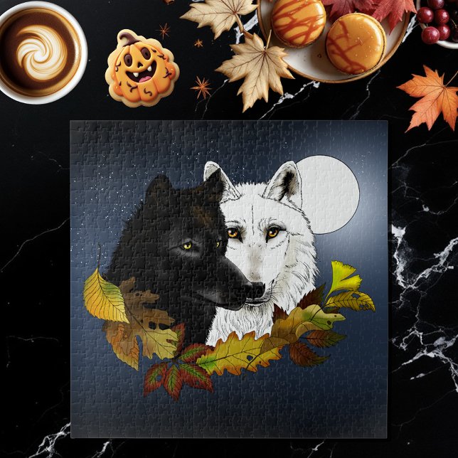 Puzzle Loups Blancs Noirs Clair de Lune Feuilles d'Automn (Créateur téléchargé)