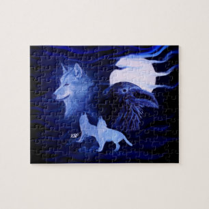 Puzzle Loups et corbeau avec pleine lune
