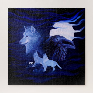Puzzle Loups et corbeau avec pleine lune
