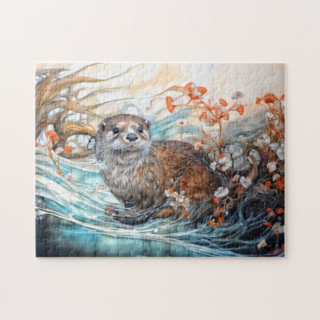 Puzzle Loutre joueuse dans un étang avec reflets (Horizontal)
