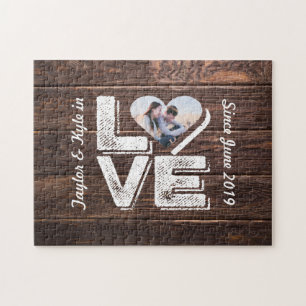 Puzzle Love Rustic Woodland Photo Heart Frame monogram