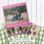 Puzzle Love You Grandma 4 Family Photo Collage Rose<br><div class="desc">Personnalisez-vous avec le nom de famille et l'année.La citation "We love you grand ma" ajoute une touche unique au puzzle photo et fait un cadeau spécial pour grand-mère.</div>