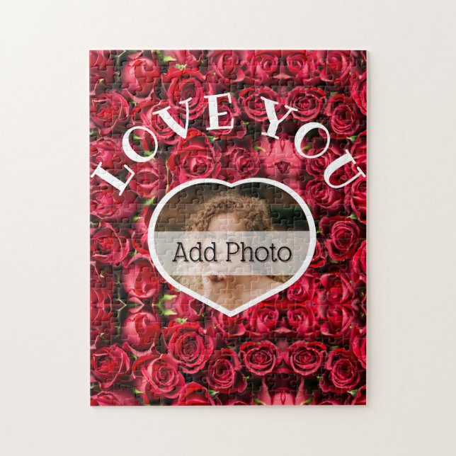 Puzzle Love You Heart Photo Red Roses Modern Script migno (Vertical)