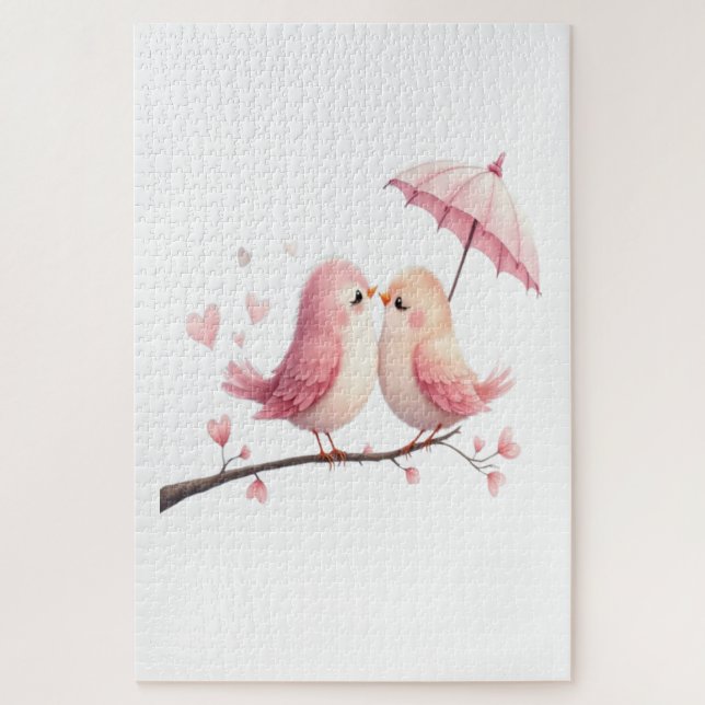 Puzzle Lovebirds sous un parapluie rose (Vertical)