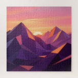 Puzzle Low Poly Mountain Sunset Geometric<br><div class="desc">Experience the magical calm of dusk in this stunning low-poly landscape. Jagged, faceted mountain peaks in deep violet and indigo rise dramatically against a glowing gradient sky of soft pink, peach, and warm orange. A radiant setting sun nestles between the summits, casting golden-orange highlights across angular ridges and creating a...</div>