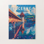Puzzle Lucerne Suisse Travel Art Vintage<br><div class="desc">Lucerne conception de déplacement vectoriel rétro. Lucerne,  ville compacte de Suisse connue pour son architecture médiévale préservée,  se trouve au milieu de montagnes enneigées sur le lac de Lucerne.</div>