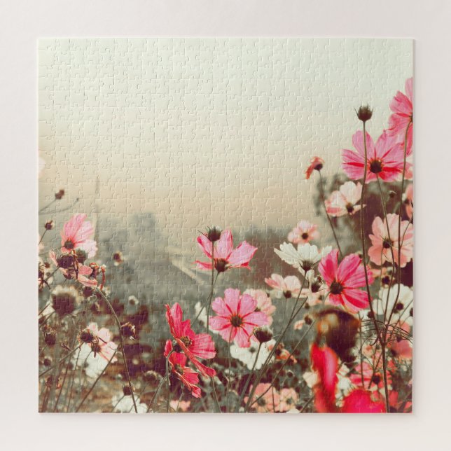 Puzzle Lumière du matin, cosmos rose fleurissant. (Vertical)