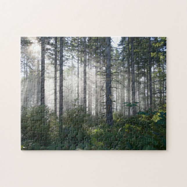 Puzzle Lumière du soleil traversant une forêt brumeuse (Horizontal)