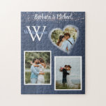 Puzzle Lumières romantiques Photos personnalisées<br><div class="desc">Ce puzzle est parfait comme cadeau pour les jeunes mariés ou pour un anniversaire ou la Saint-Valentin. Le coeur et leur photo raconteront l'histoire avec des lumières scintillantes pour un moment romantique supplémentaire — pour le jour spécial et pour toujours plus. Avec leur monogramme et nom de famille sur le...</div>