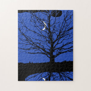 Puzzle Lune avec arbre, Bleu Cobalt, Noir et Blanc