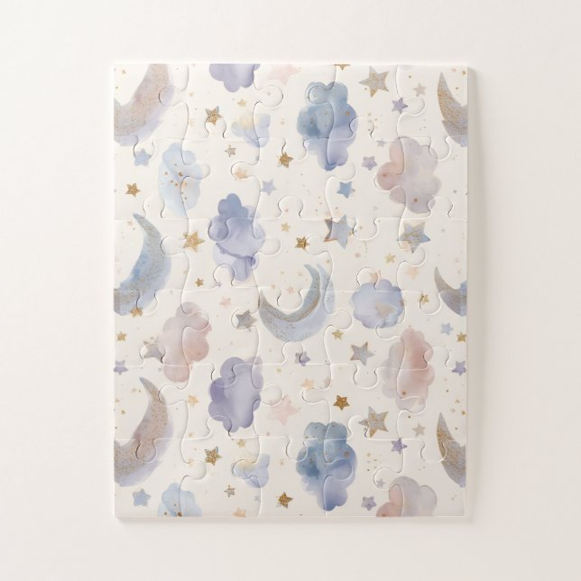 Puzzle Lune Céleste Étoiles Nuages Aquarelle Pastels (Vertical)