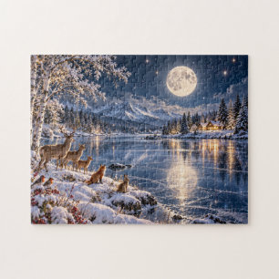 Puzzle Lune de Noël sur le lac hivernal et la faune de la