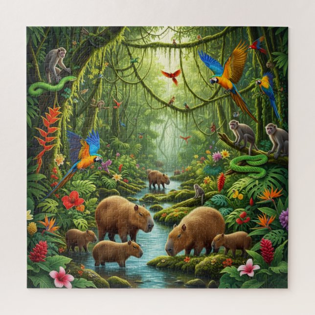 Puzzle Lush rainforest scene teeming with capybaras (Vertical)