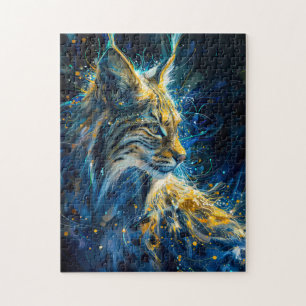 Puzzle lynx bobcat baigné dans une lumière néon bleue jau